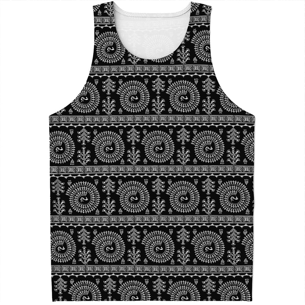 Black And White Warli Tribal Print Men's Tank Top