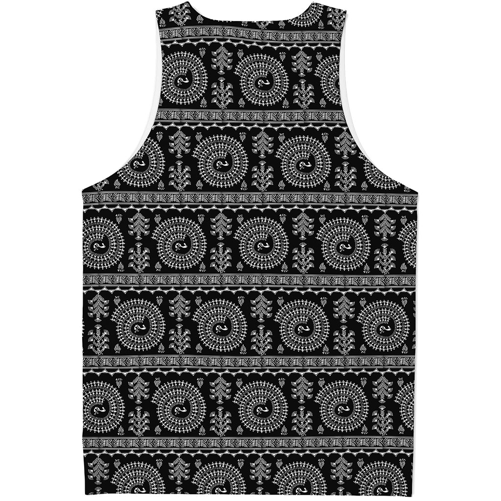 Black And White Warli Tribal Print Men's Tank Top