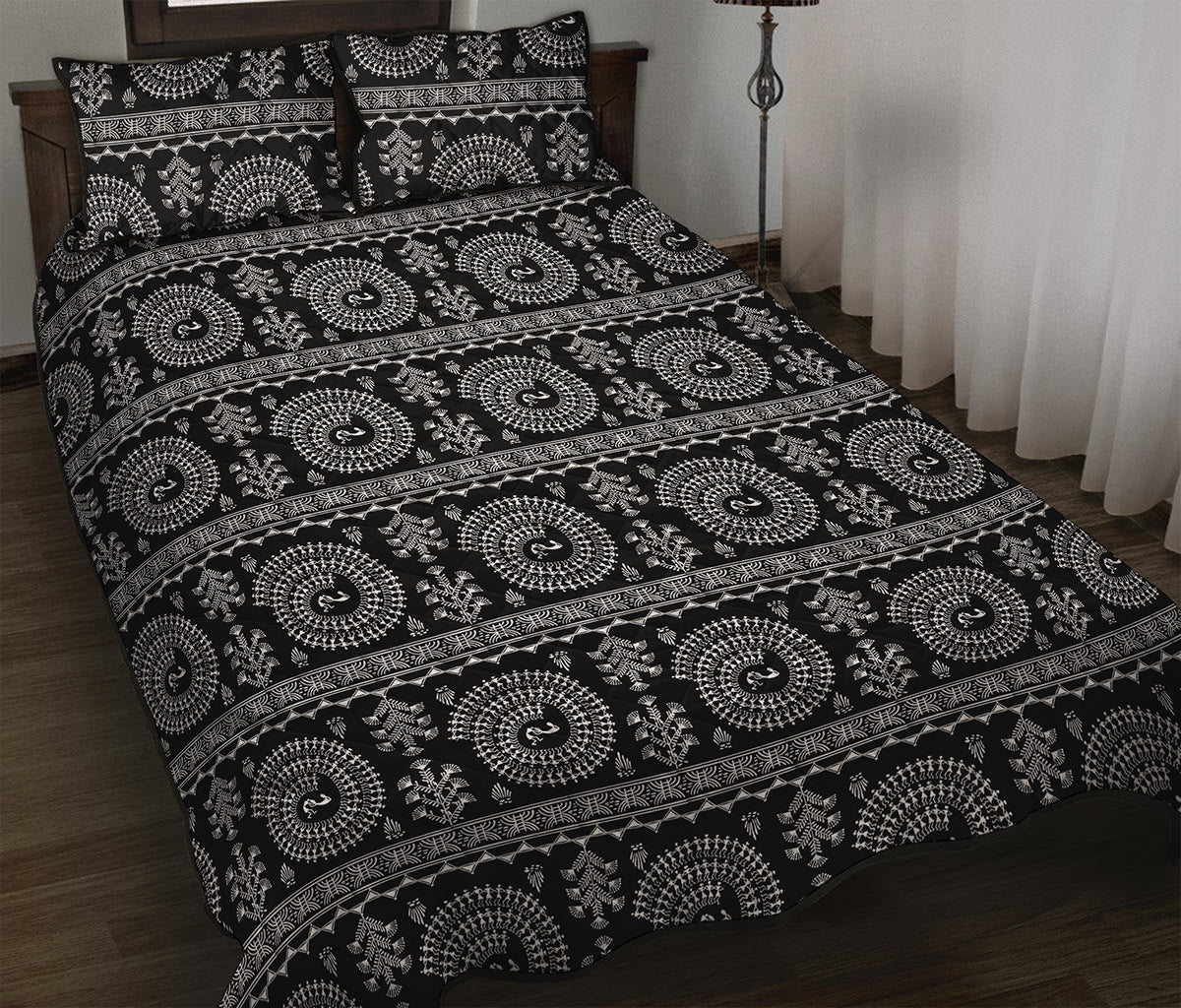 Black And White Warli Tribal Print Quilt Bed Set