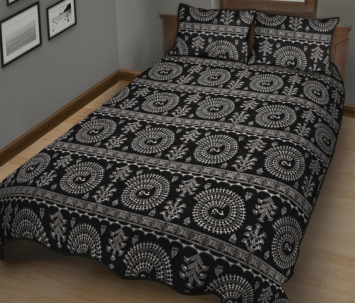Black And White Warli Tribal Print Quilt Bed Set