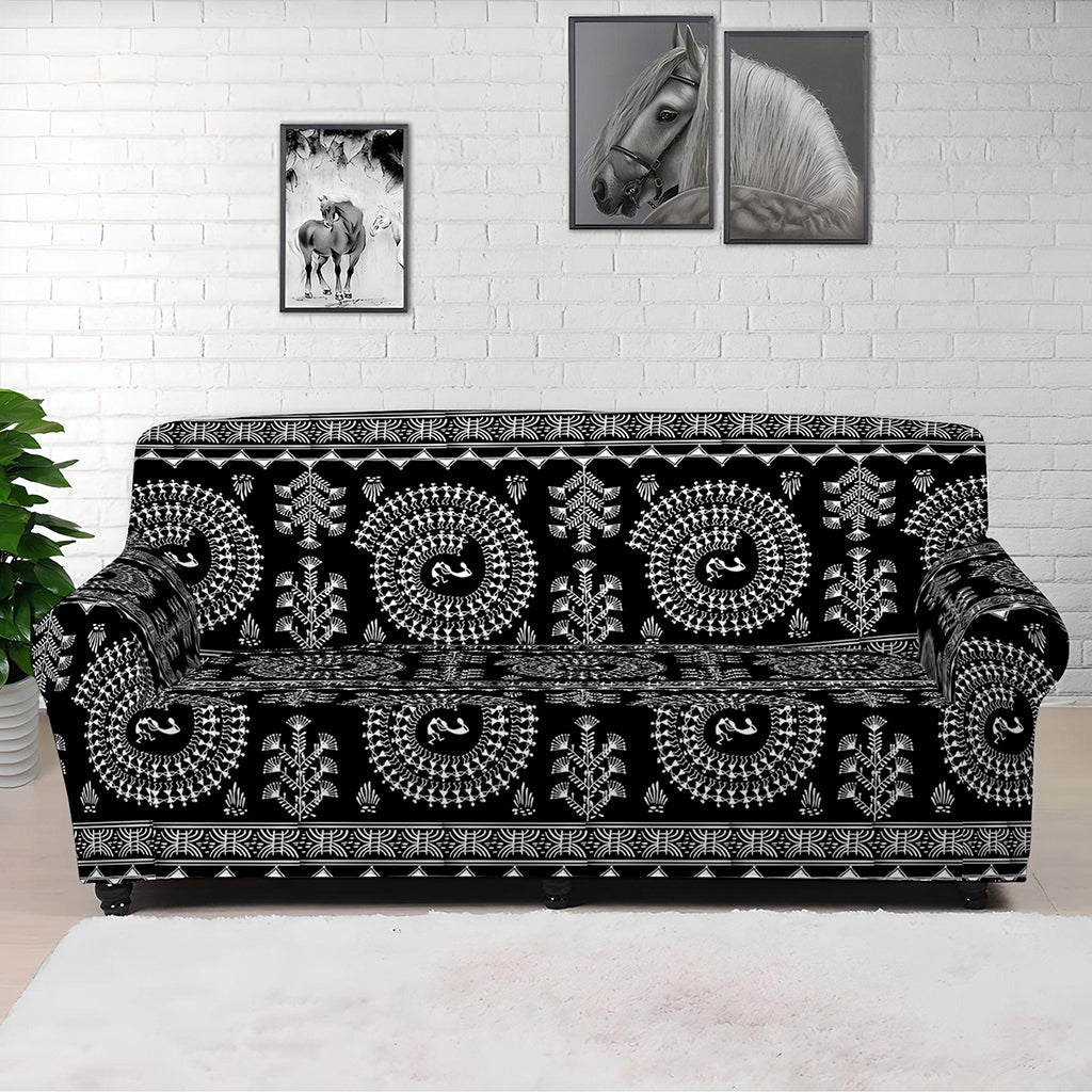 Black And White Warli Tribal Print Sofa Cover
