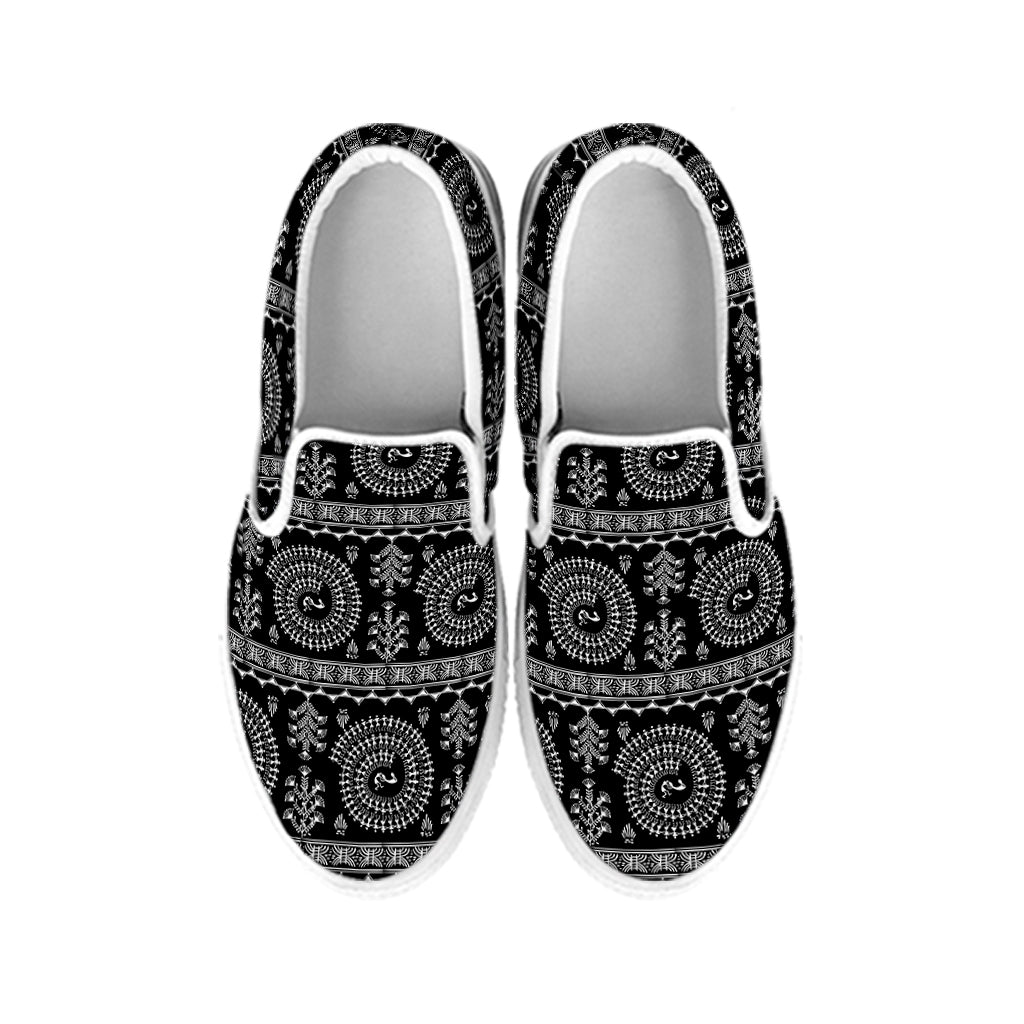 Black And White Warli Tribal Print White Slip On Shoes