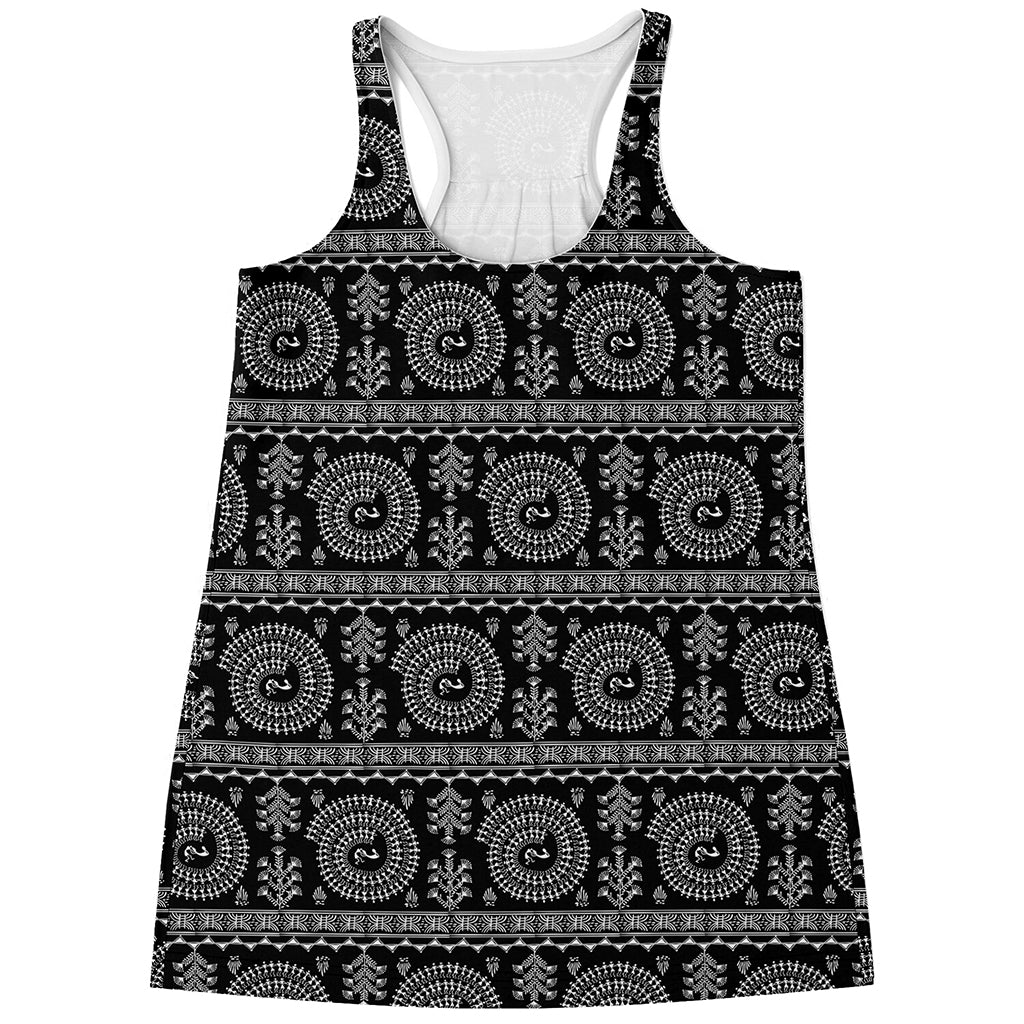 Black And White Warli Tribal Print Women's Racerback Tank Top