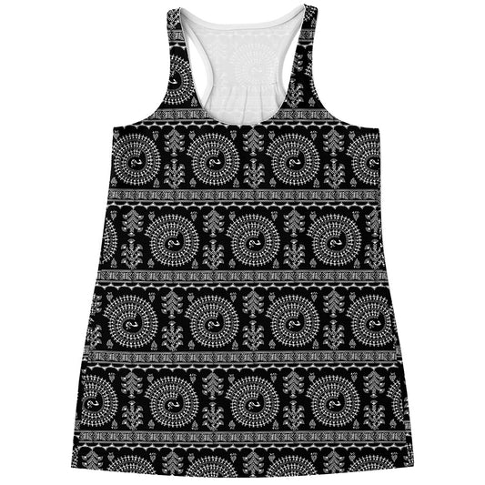 Black And White Warli Tribal Print Women's Racerback Tank Top