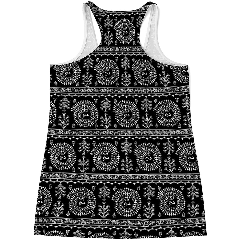 Black And White Warli Tribal Print Women's Racerback Tank Top