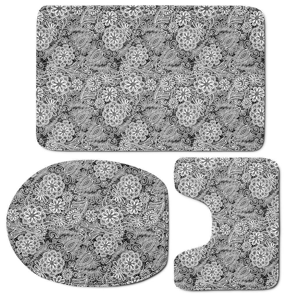 Black And White Western Flower Print 3 Piece Bath Mat Set