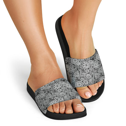 Black And White Western Flower Print Black Slide Sandals