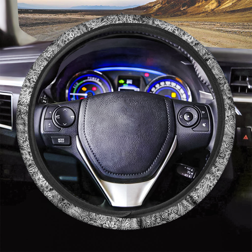 Black And White Western Flower Print Car Steering Wheel Cover