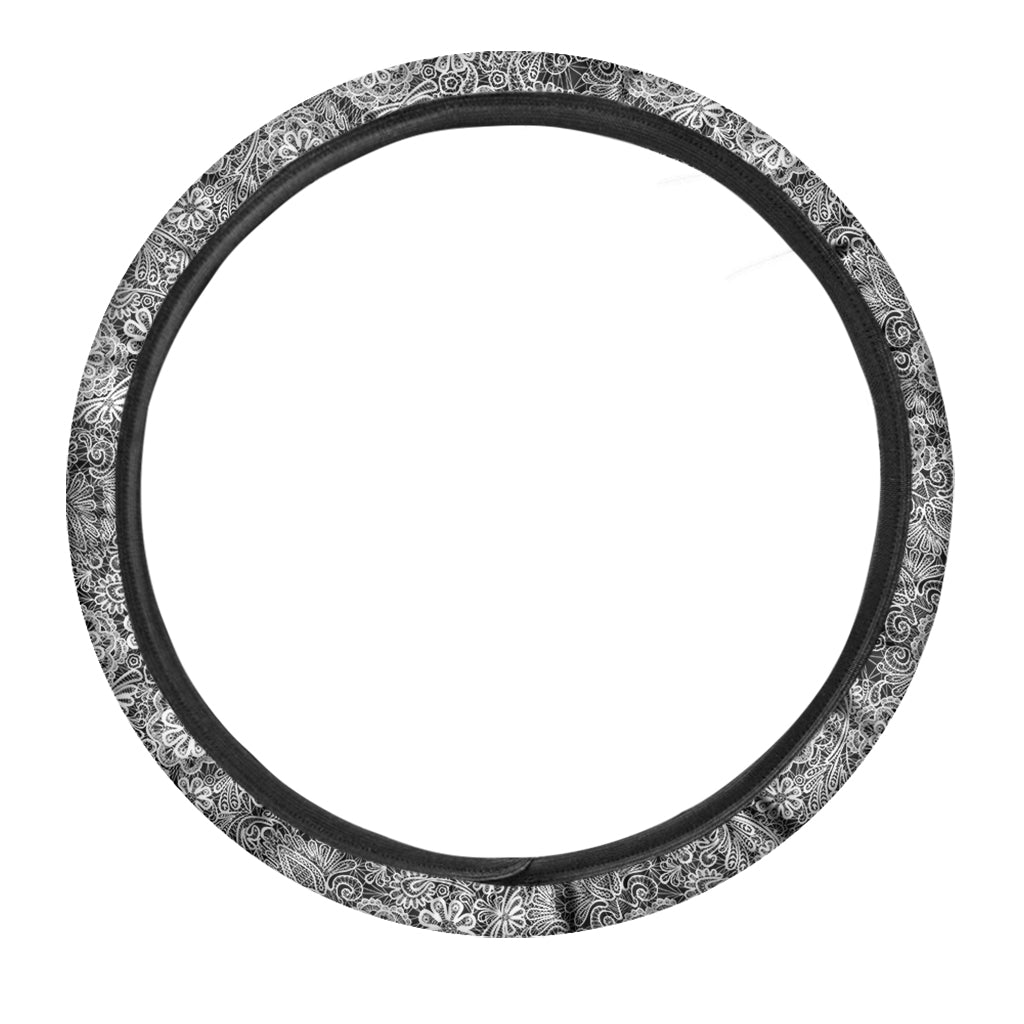 Black And White Western Flower Print Car Steering Wheel Cover