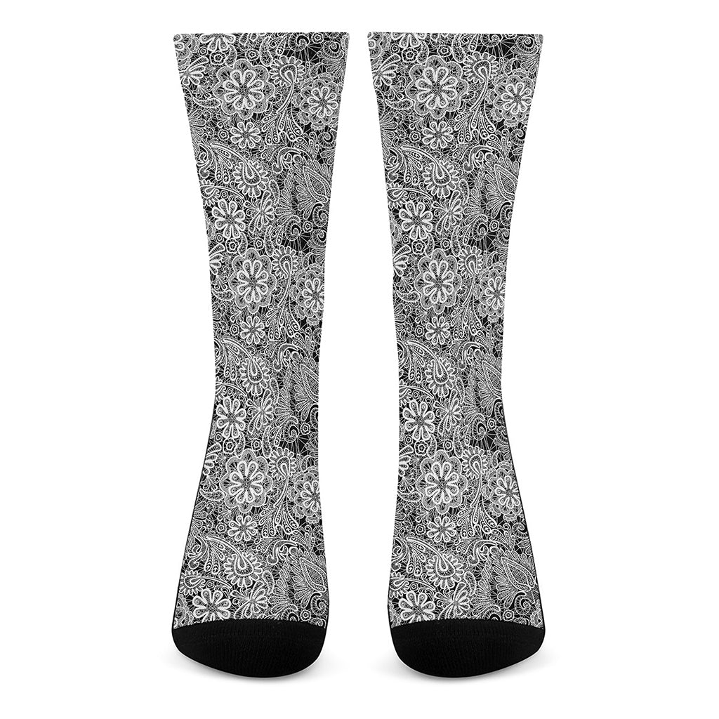 Black And White Western Flower Print Crew Socks