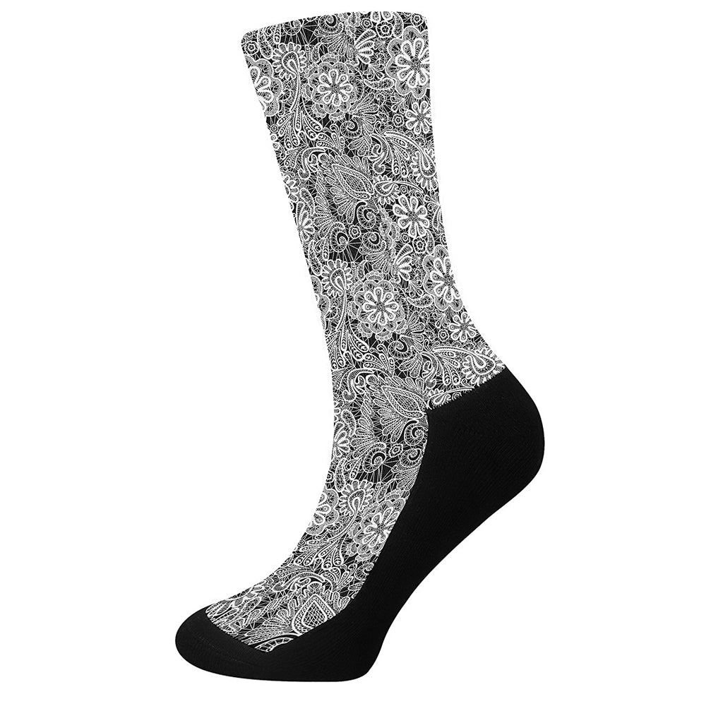 Black And White Western Flower Print Crew Socks