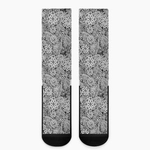 Black And White Western Flower Print Crew Socks