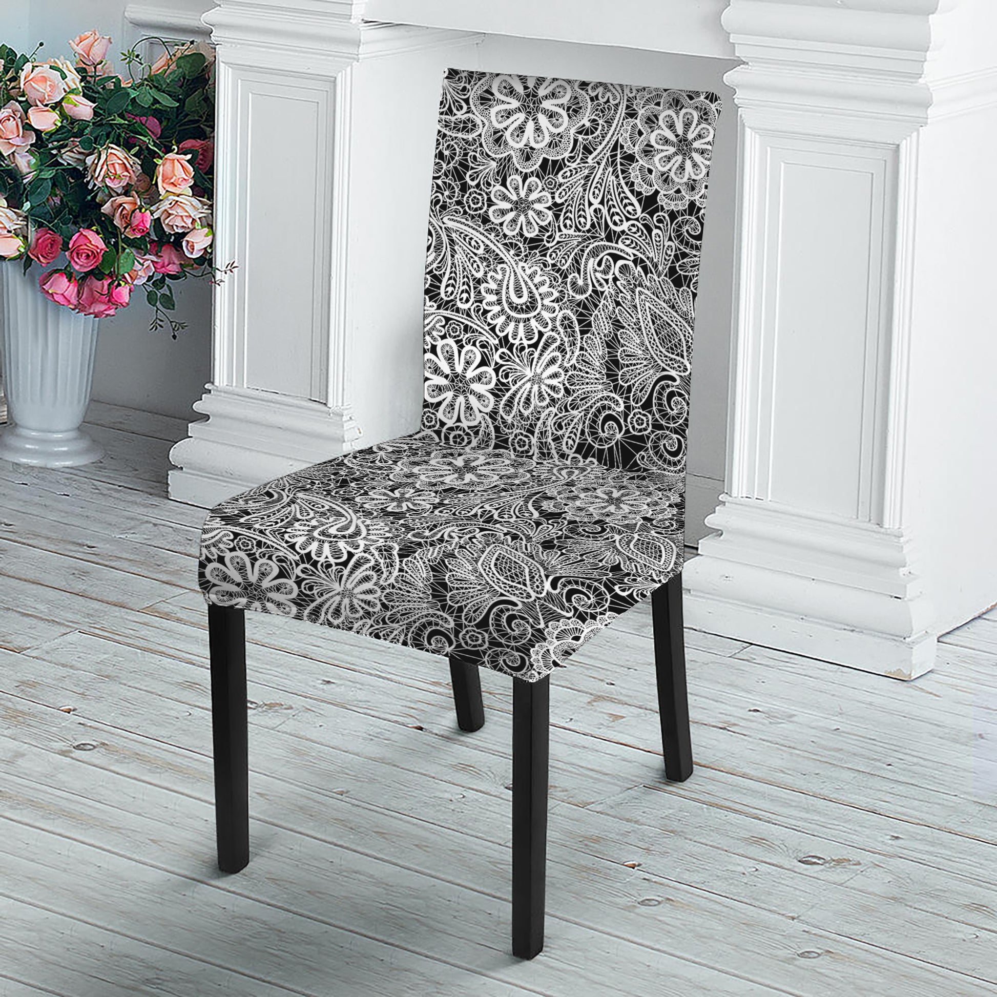 Black And White Western Flower Print Dining Chair Slipcover
