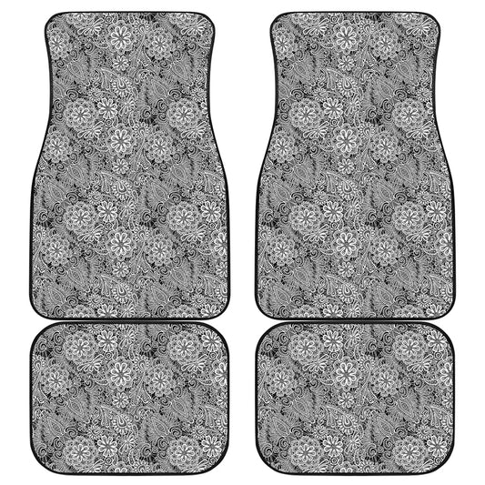 Black And White Western Flower Print Front and Back Car Floor Mats