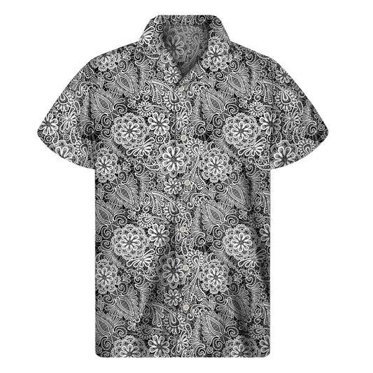 Black And White Western Flower Print Men's Short Sleeve Shirt