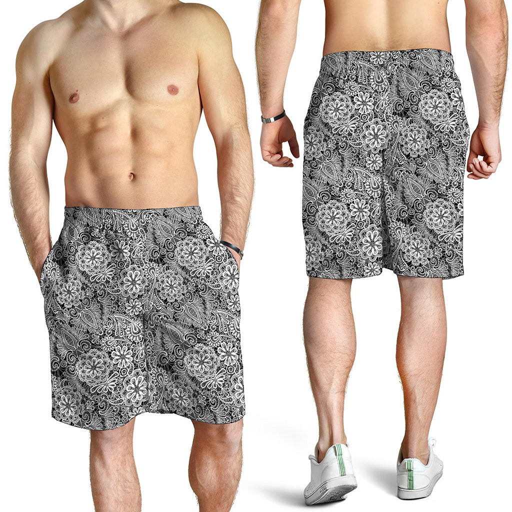 Black And White Western Flower Print Men's Shorts