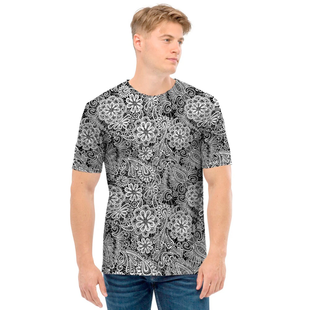 Black And White Western Flower Print Men's T-Shirt