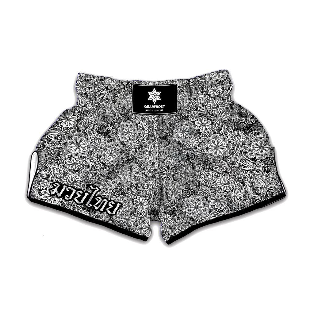 Black And White Western Flower Print Muay Thai Boxing Shorts