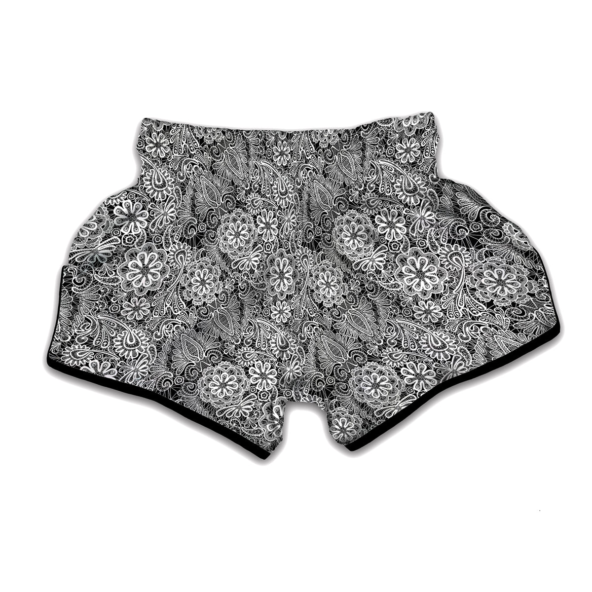 Black And White Western Flower Print Muay Thai Boxing Shorts