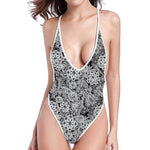 Black And White Western Flower Print One Piece High Cut Swimsuit