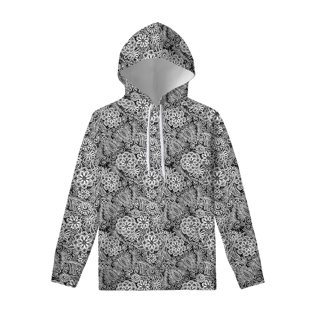 Black And White Western Flower Print Pullover Hoodie