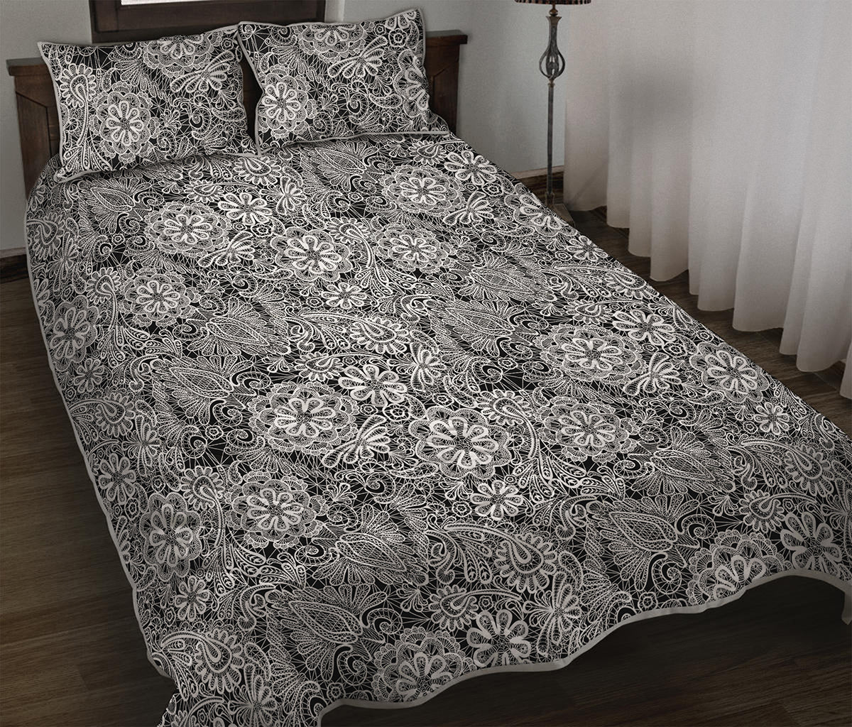 Black And White Western Flower Print Quilt Bed Set