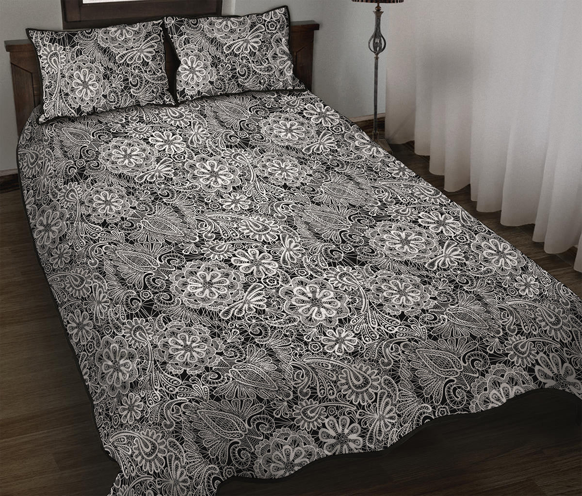 Black And White Western Flower Print Quilt Bed Set