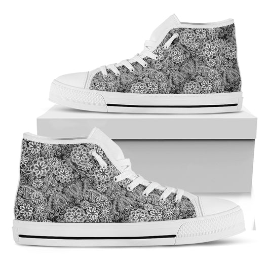 Black And White Western Flower Print White High Top Shoes