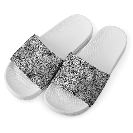 Black And White Western Flower Print White Slide Sandals