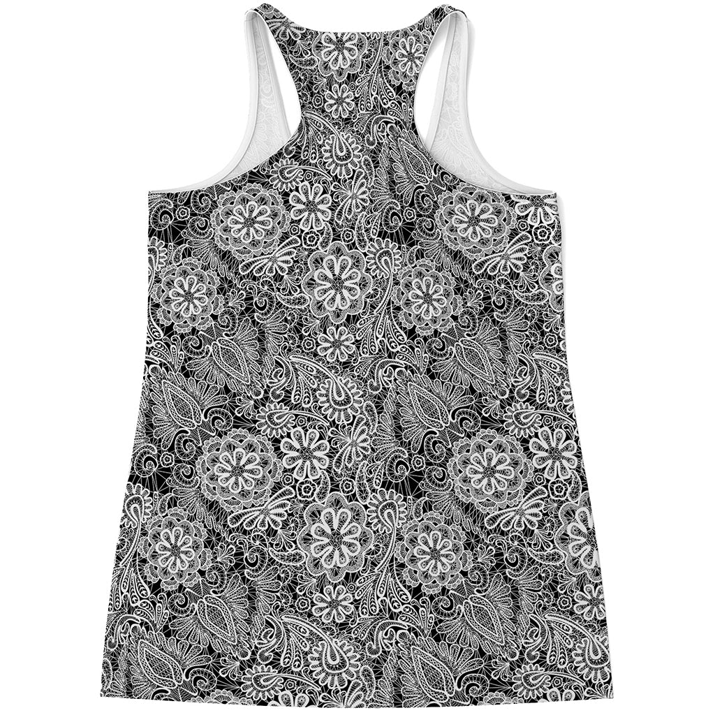 Black And White Western Flower Print Women's Racerback Tank Top