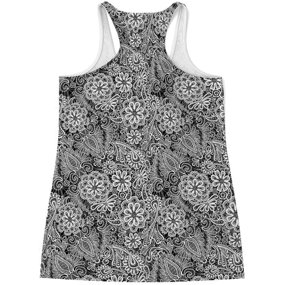Black And White Western Flower Print Women's Racerback Tank Top