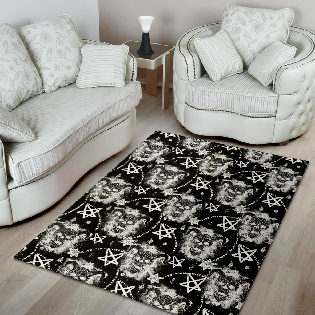 Black And White Wicca Devil Skull Print Area Rug