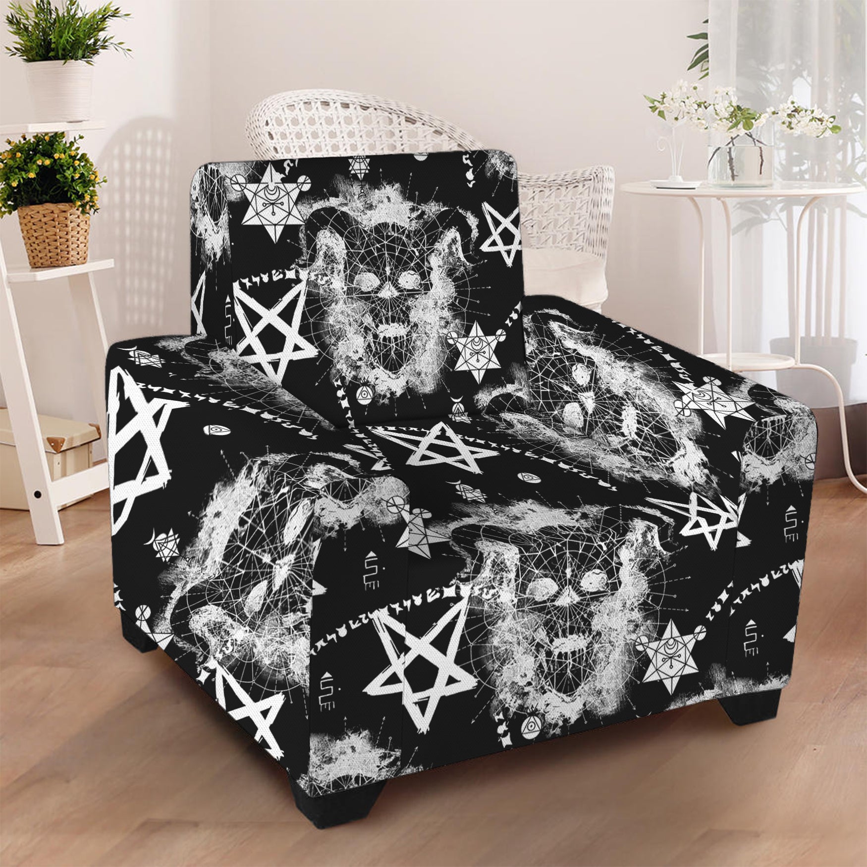 Black And White Wicca Devil Skull Print Armchair Slipcover