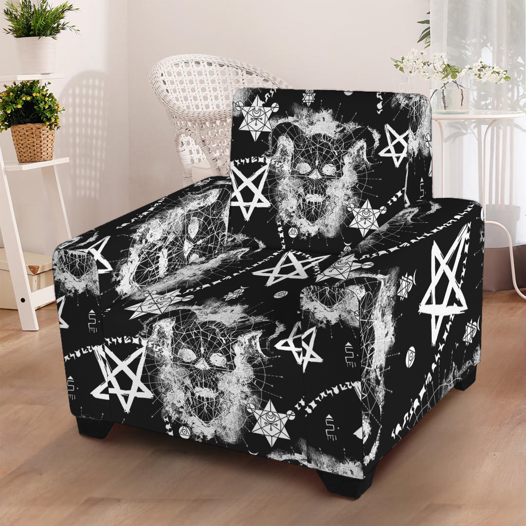 Black And White Wicca Devil Skull Print Armchair Slipcover