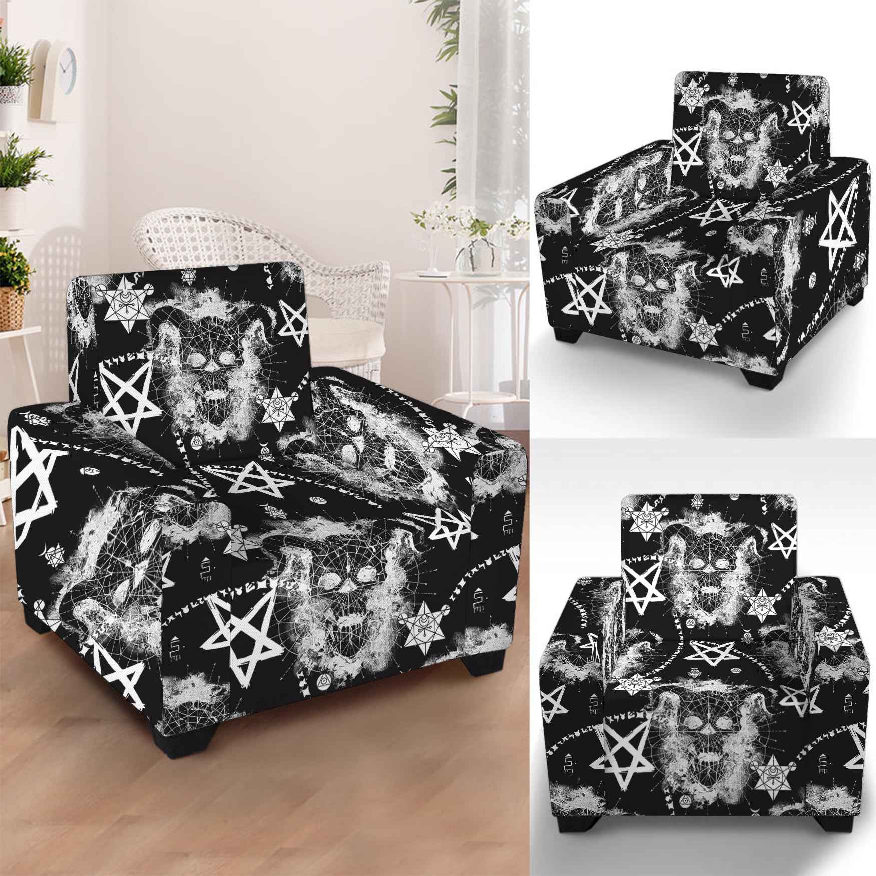 Black And White Wicca Devil Skull Print Armchair Slipcover