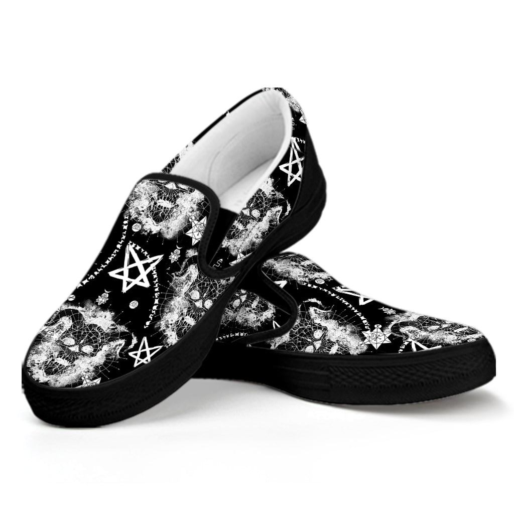 Black And White Wicca Devil Skull Print Black Slip On Shoes