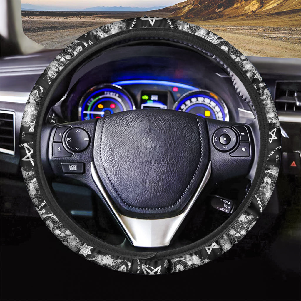 Black And White Wicca Devil Skull Print Car Steering Wheel Cover