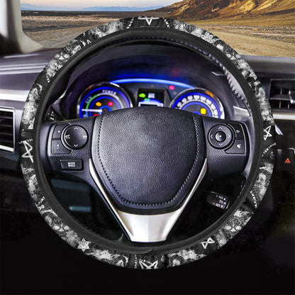 Black And White Wicca Devil Skull Print Car Steering Wheel Cover