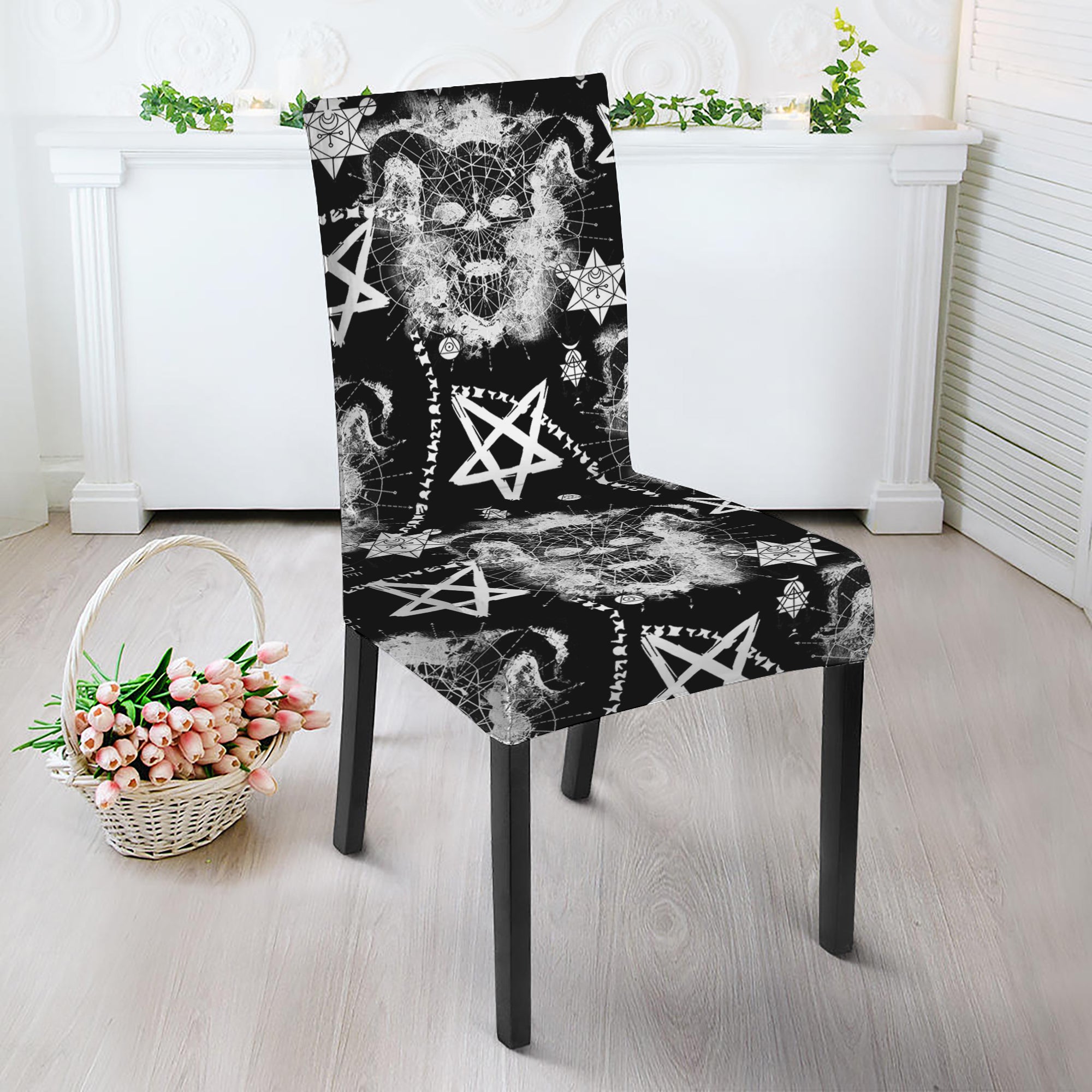 Black And White Wicca Devil Skull Print Dining Chair Slipcover