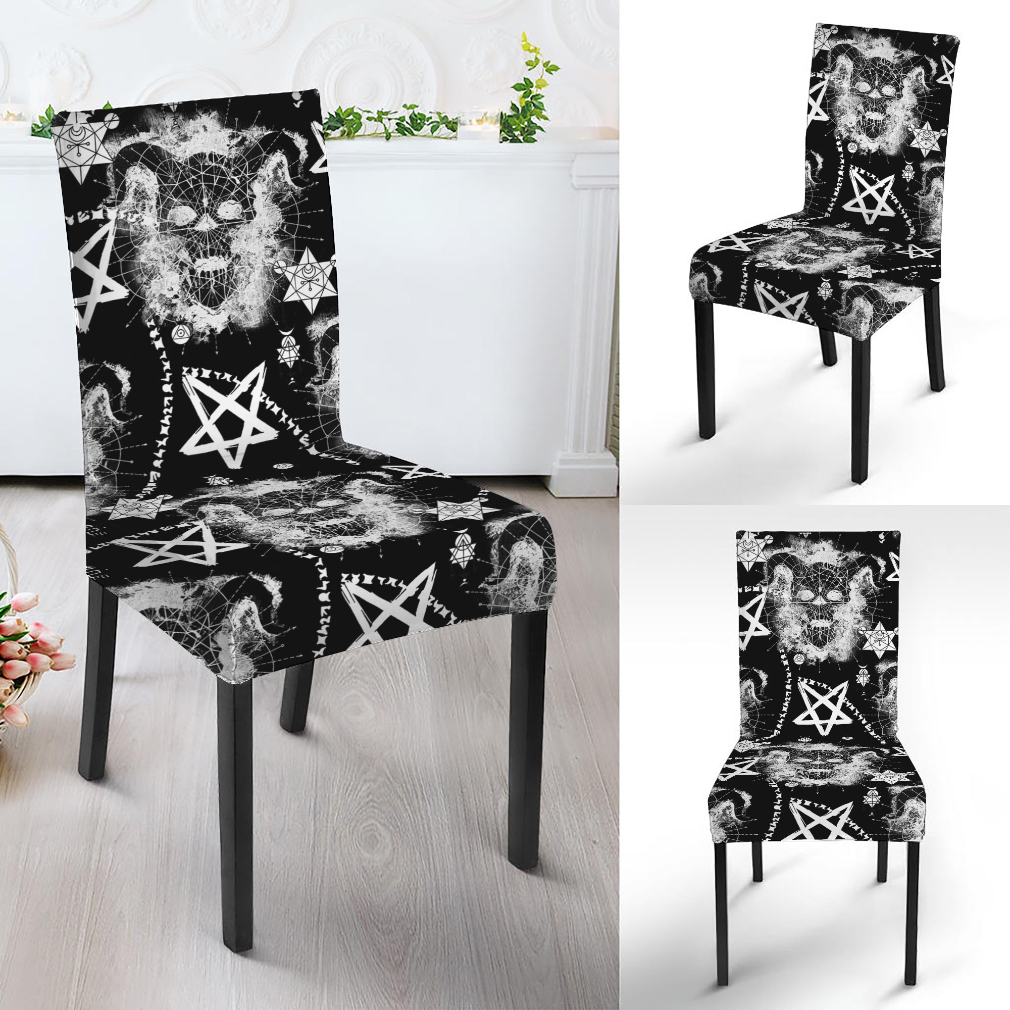 Black And White Wicca Devil Skull Print Dining Chair Slipcover