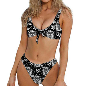 Black And White Wicca Devil Skull Print Front Bow Tie Bikini