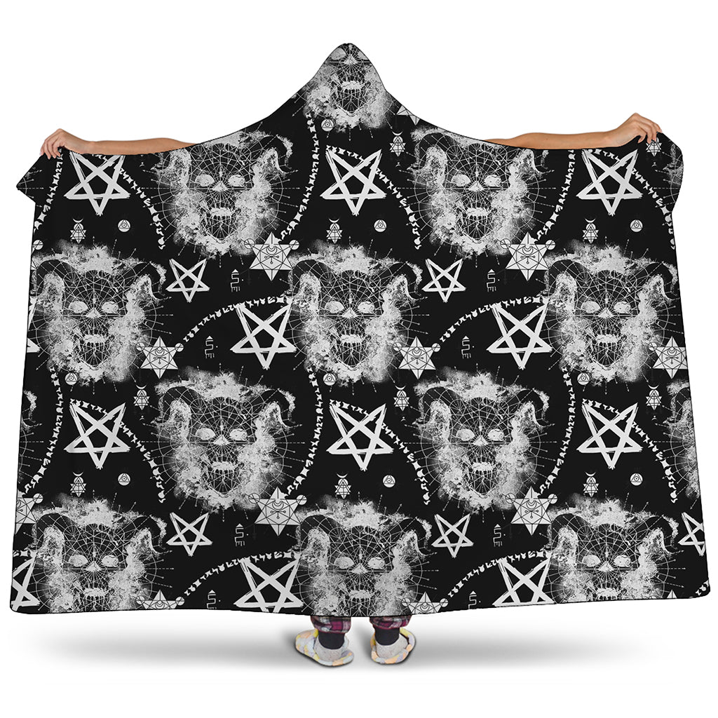 Black And White Wicca Devil Skull Print Hooded Blanket