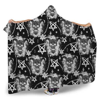 Black And White Wicca Devil Skull Print Hooded Blanket