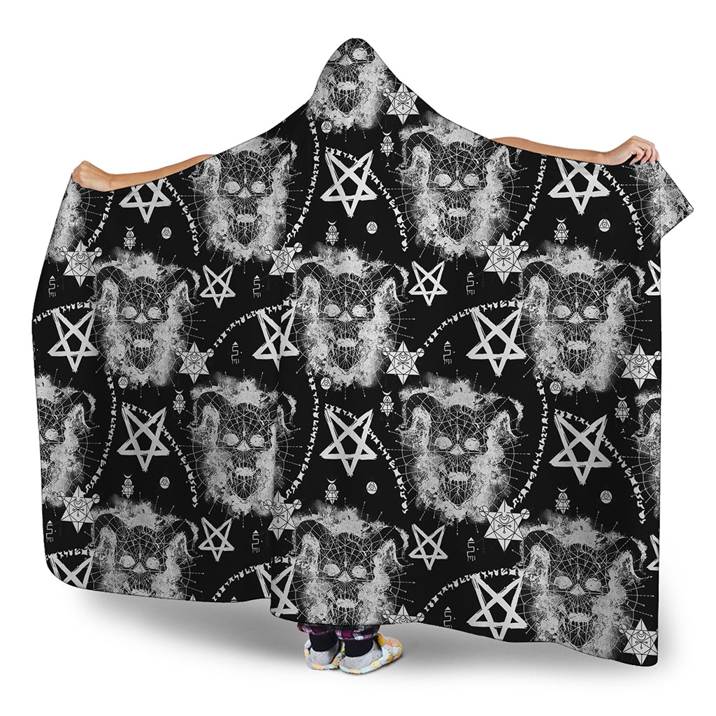 Black And White Wicca Devil Skull Print Hooded Blanket