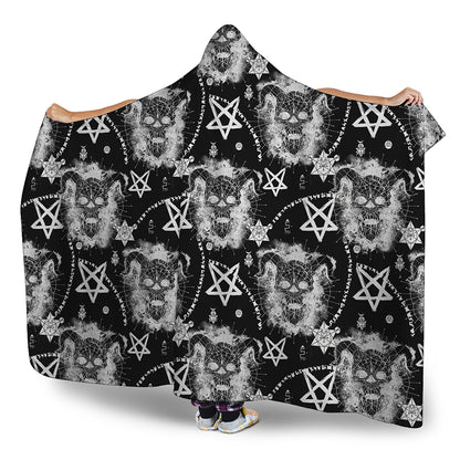 Black And White Wicca Devil Skull Print Hooded Blanket