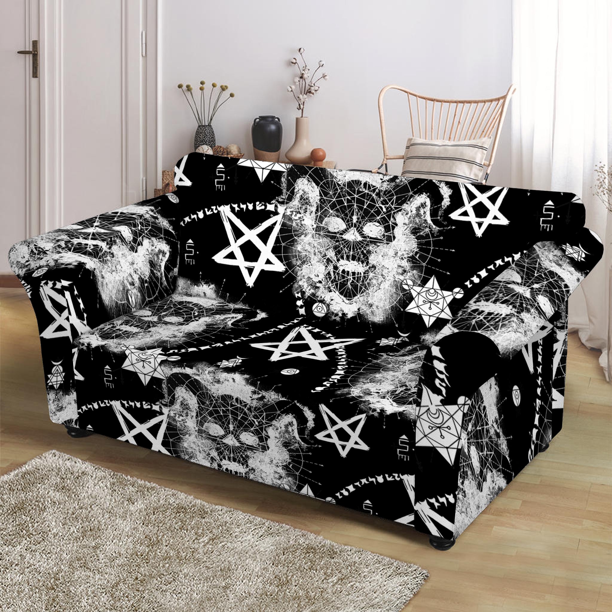 Black And White Wicca Devil Skull Print Loveseat Slipcover