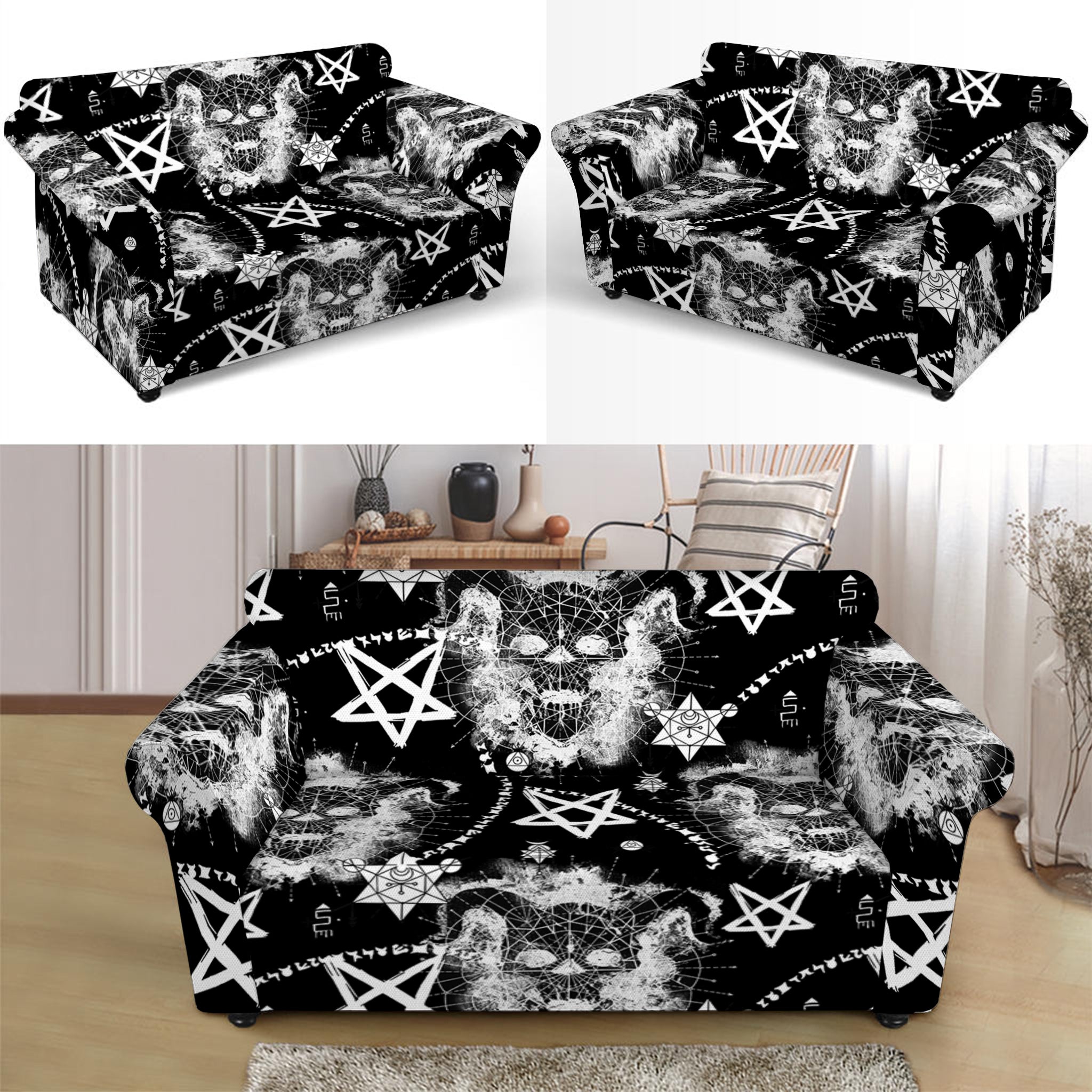 Black And White Wicca Devil Skull Print Loveseat Slipcover