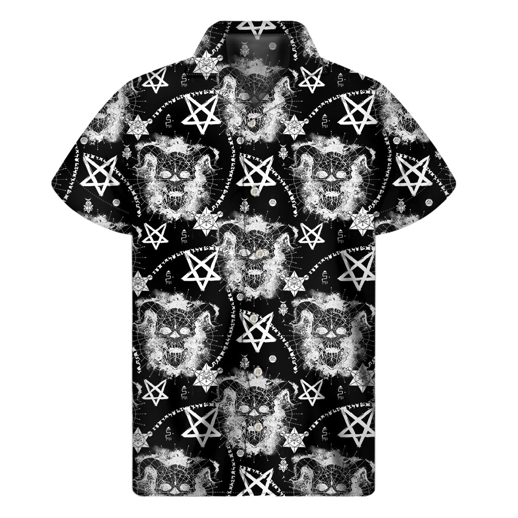 Black And White Wicca Devil Skull Print Men's Short Sleeve Shirt