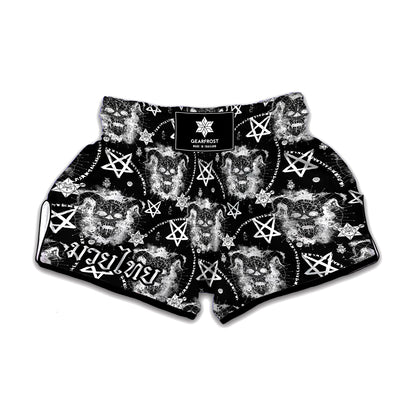 Black And White Wicca Devil Skull Print Muay Thai Boxing Shorts