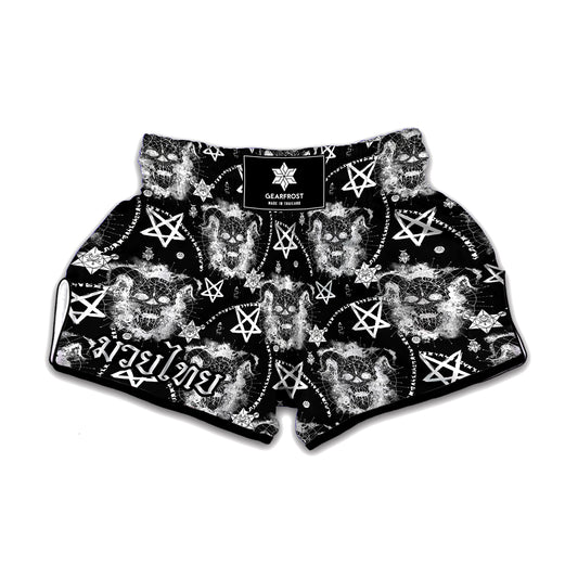 Black And White Wicca Devil Skull Print Muay Thai Boxing Shorts